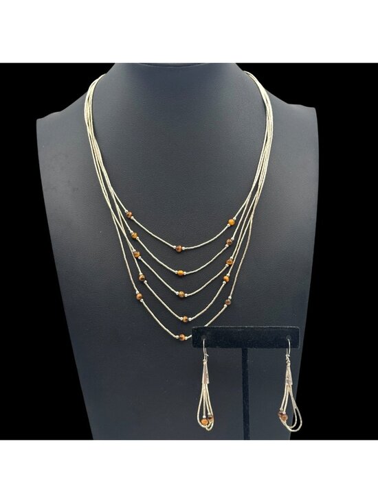 Handmade Jewelry - Multi-Strand Liquid Silver Necklace and Earrings Set 4mm Tiger's Eye - 20"